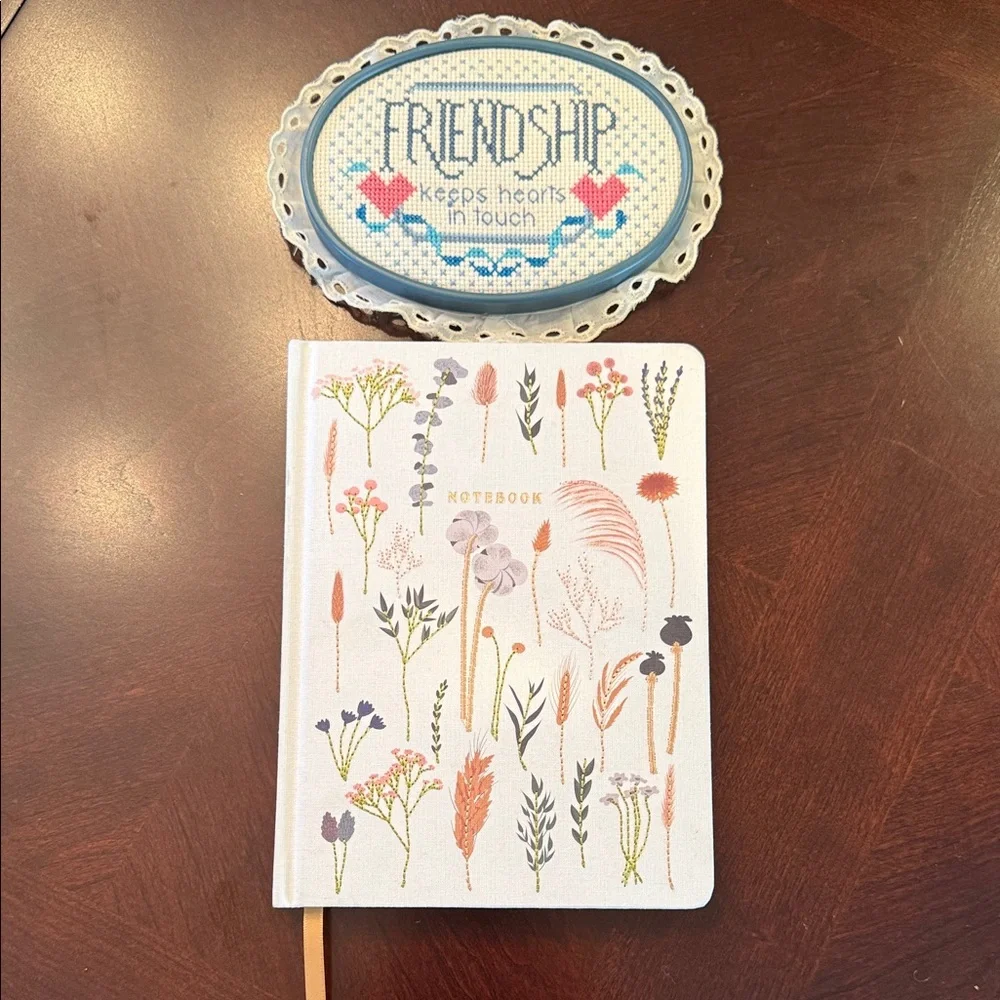 Floral Embroidered White Journal Notebook/ Cross Stitch Friendship decor Bundle